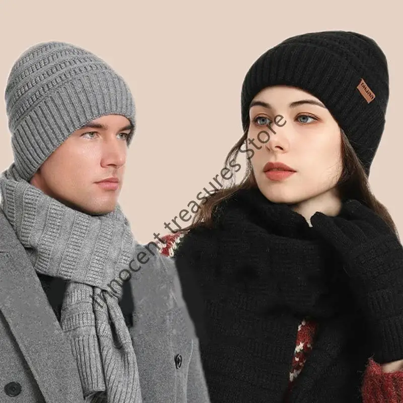 3XUA مجموعة قفازات وشاح الشتاء وإكسسوارات الشتاء وأغطية الرأس المحبوكة للجنسين