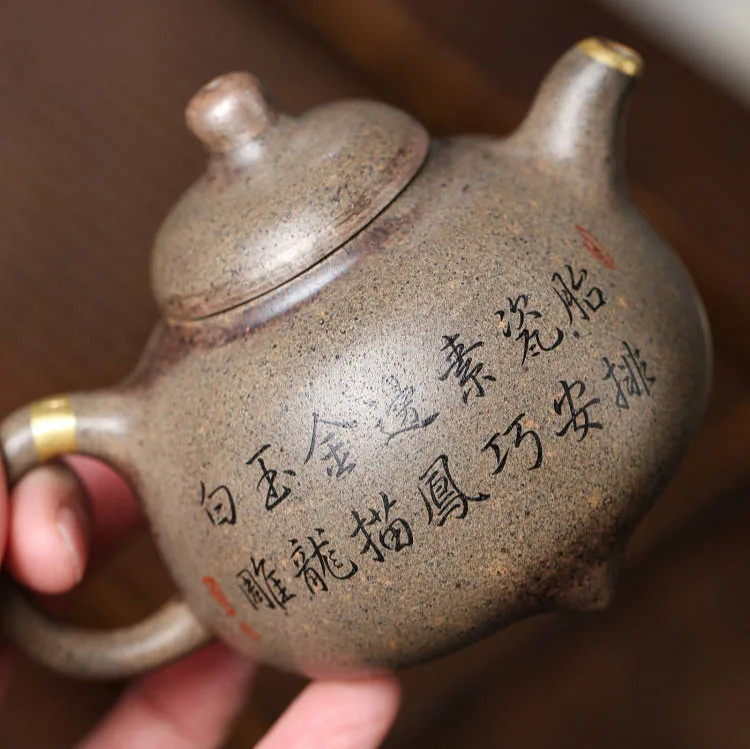 Three-Legged Yixing Purple Teapot Set By Famous Artisans Decorative Tea Utensil Pottery Hand-Painted With Real Gold Made Fr