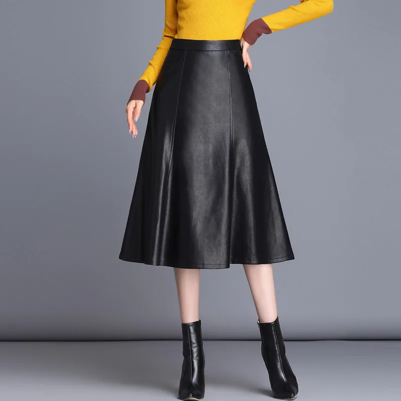 

Elegant New Leather Skirt Autumn Fashion Soft Sheepskin Pu Leather Skirt High Waist Zipper A Line Black Long Skirts Female 5XL