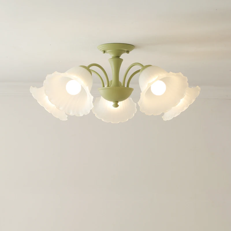 French Pastoral Green Forged Iron Ceiling Lights Lily of The Valley Glass Lampshade Living Room Bedroom Restaurant Hanging Lamps