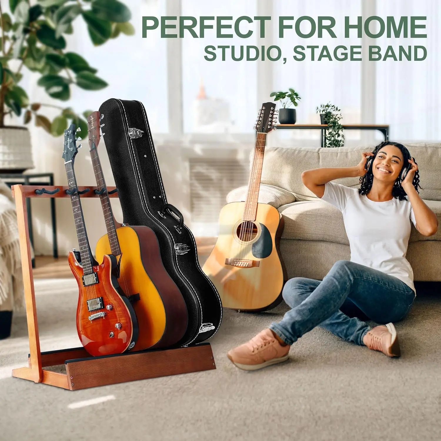 5 Holder Wooden Multiple Guitar Stand Floor Storage Rack For Acoustic Electric Bass Guitars Cello And Cases Natural German Ash Wood Display Organizer Brown 1 Pack view 3