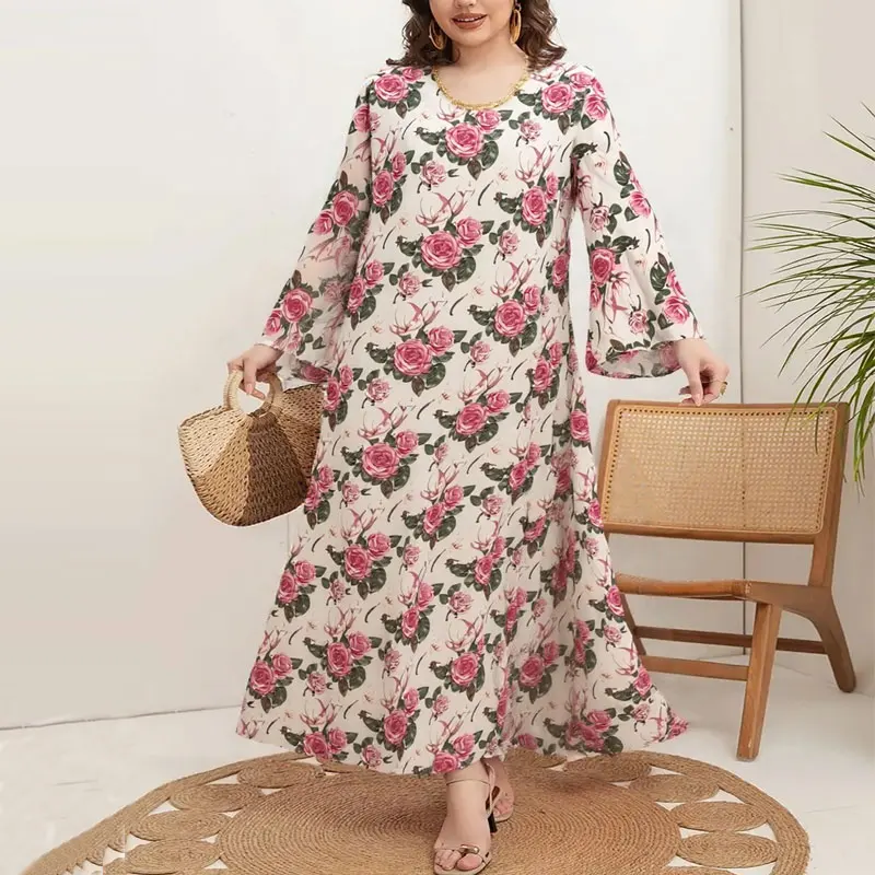 

Islam Abaya Dress for Women Bohemian Abayas Printed Large Hem Dismantling Belt Europe and America