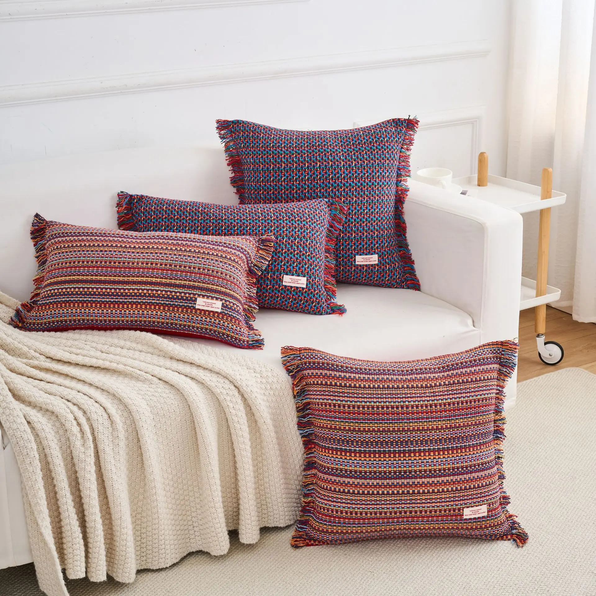 Bohemian Hand-Woven Cushion Cover Multi-Color Mixed Yarn Striped Fringe Tassel Textured Pillow Case Ethnic Pillowcover for Sofa