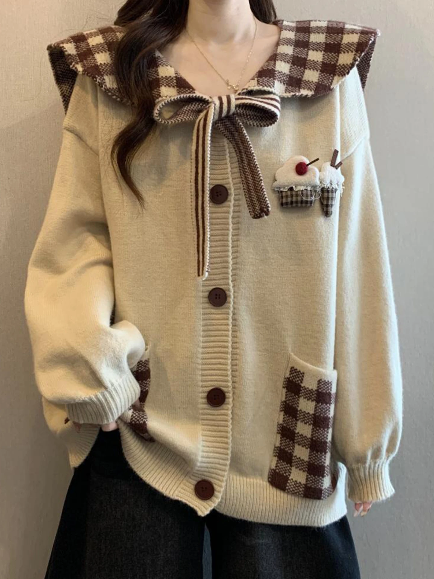 

Khaki Doll Collar Knitted Sweater Coat Women's Autumn Winter Large Size Faionable Youthful Bow Tie Knitwear Cardigan