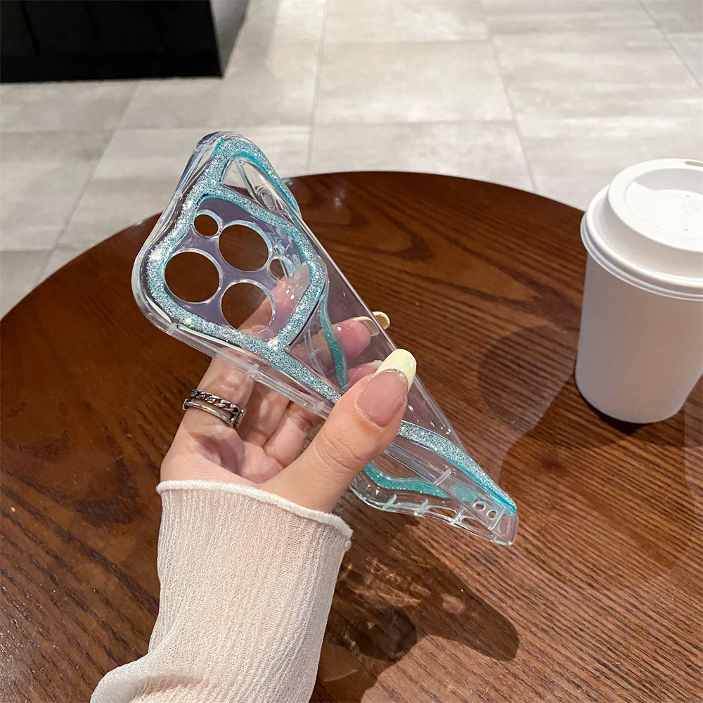 반짝이는 귀여운 웨이브 테두리 실리콘 소프트 폰 케이스 아이폰 16 15 14 13 12 11 프로 맥스 플러스 소녀용 투명 커버 충격 방지 쉘