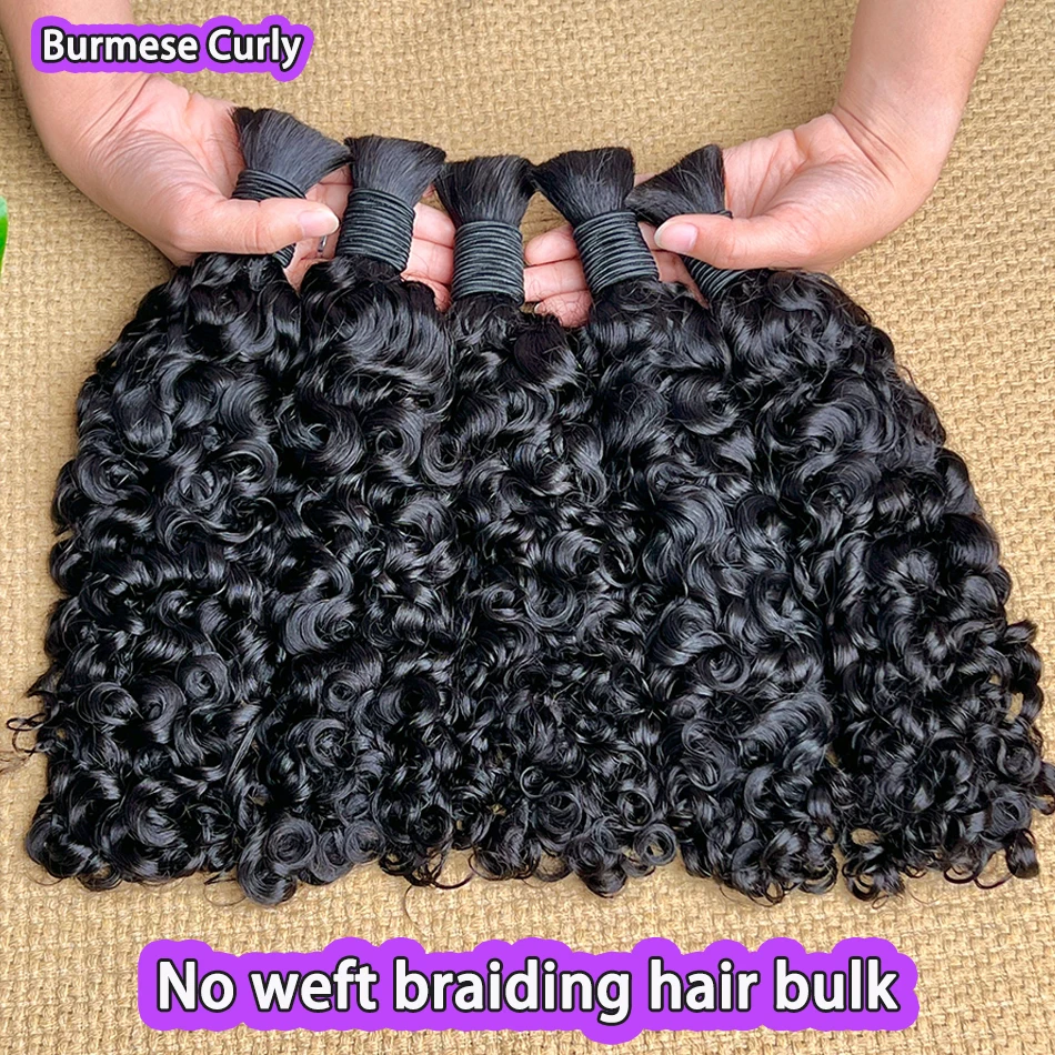 Extensión rizada birmana del cabello humano a granel del pelo trenzado 100 gramos # 1B color negro natural sin trama trenzas de cabello virgen crudo Boho