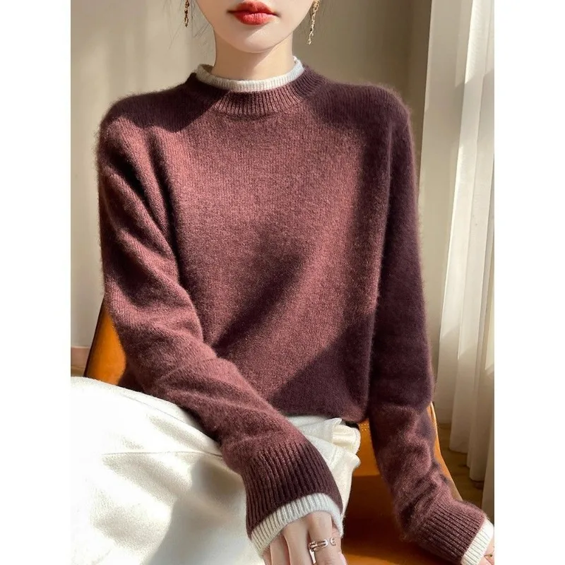 

New Thickened Autumn Winter Round Neck Sweater Color Matching Loose Style Knitted Top Bottoming Pullover