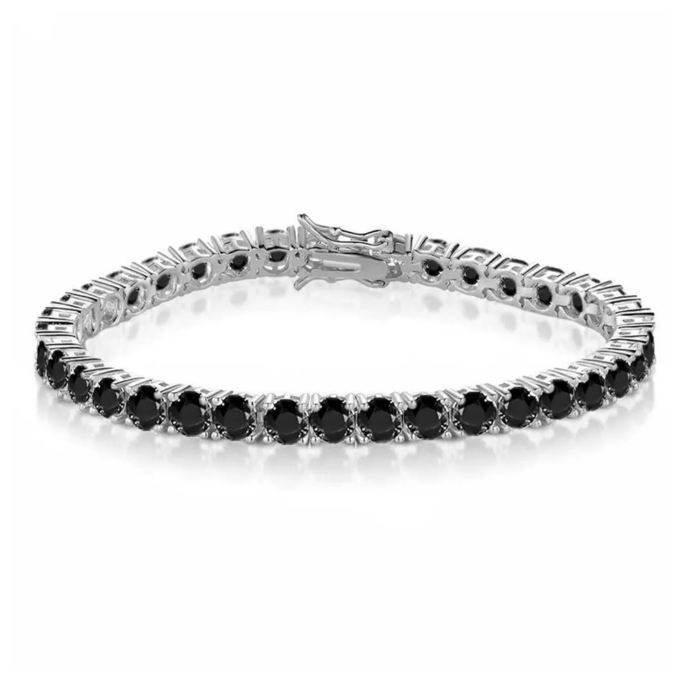 Nuoya Hip Hop 4mm Black Nano Zircon Tennis Bracelet Silver Plated Iced Out Black Diamond Chain for Man Women Gift 6-7inch