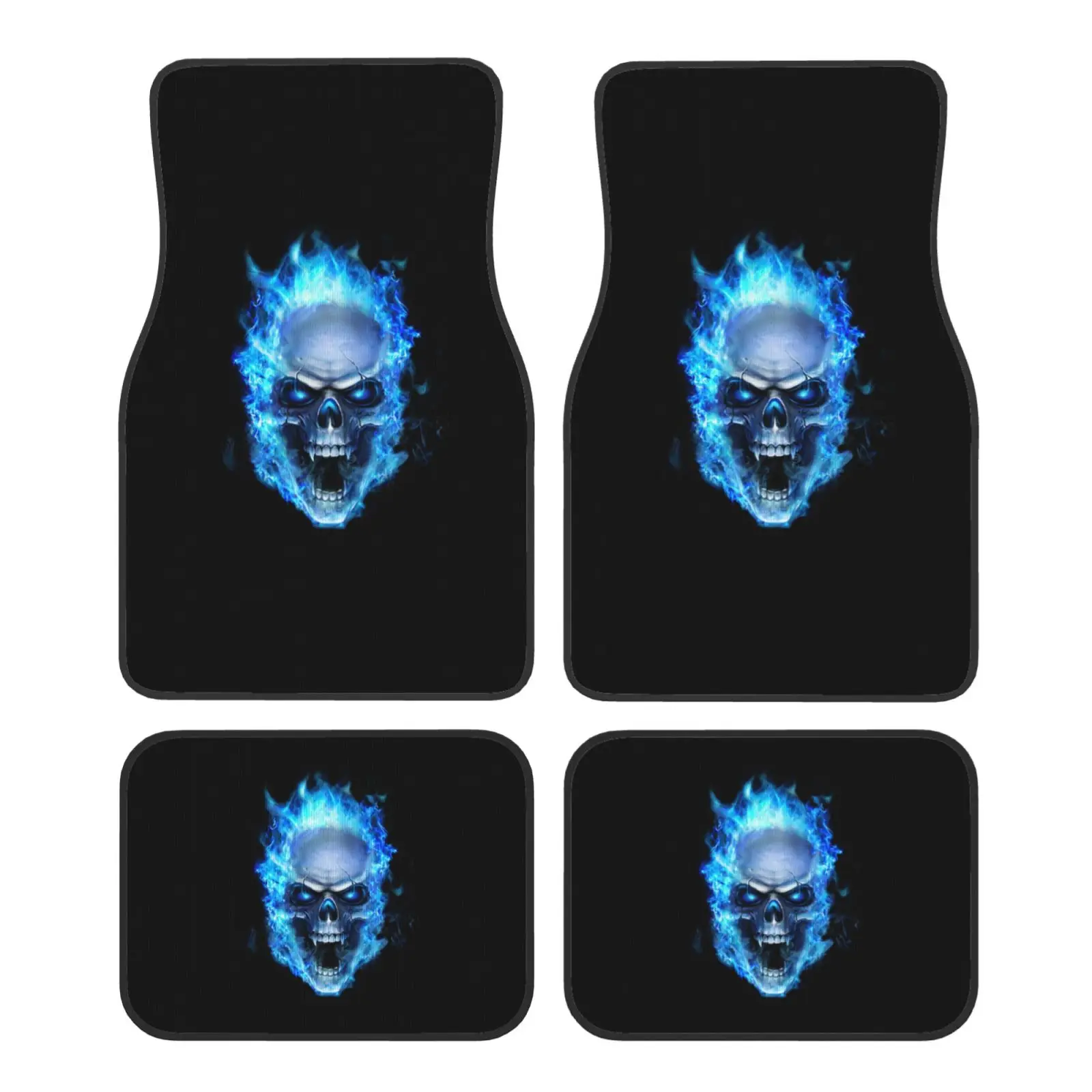 

Автомобильные коврики с черепом и синим огненным узором из 4 предметов, противоскользящие передние и задние коврики для ног, универсальные автомобильные аксессуары для внедорожника, фургона, грузовика