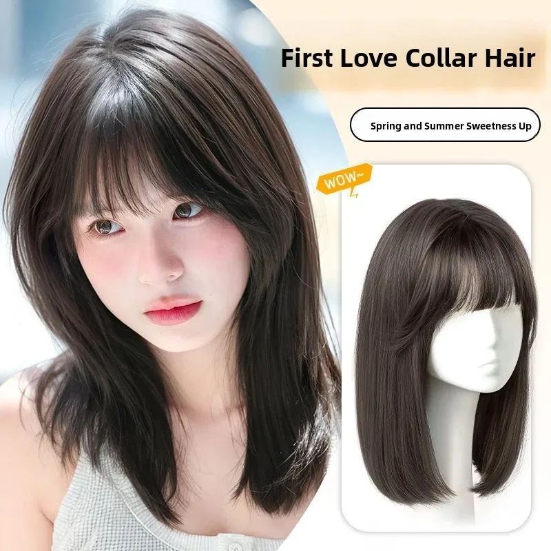 Women's Short Straight Hair Full Head Cover Style Natural Anti-Aging Real Hair Mid-Length Clavicle-Length Seamless Whole Top