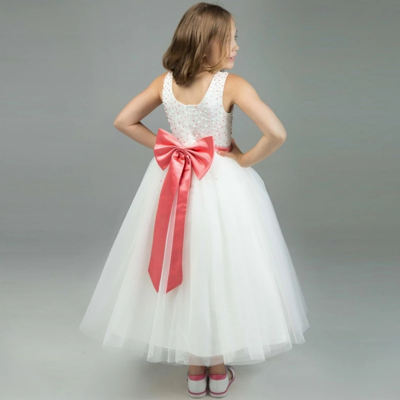 Customized White Flower Girl Dresses Pearls With Red Bow Ribbon Sleeveless For Wedding Birthday Party Holy Communion Gowns