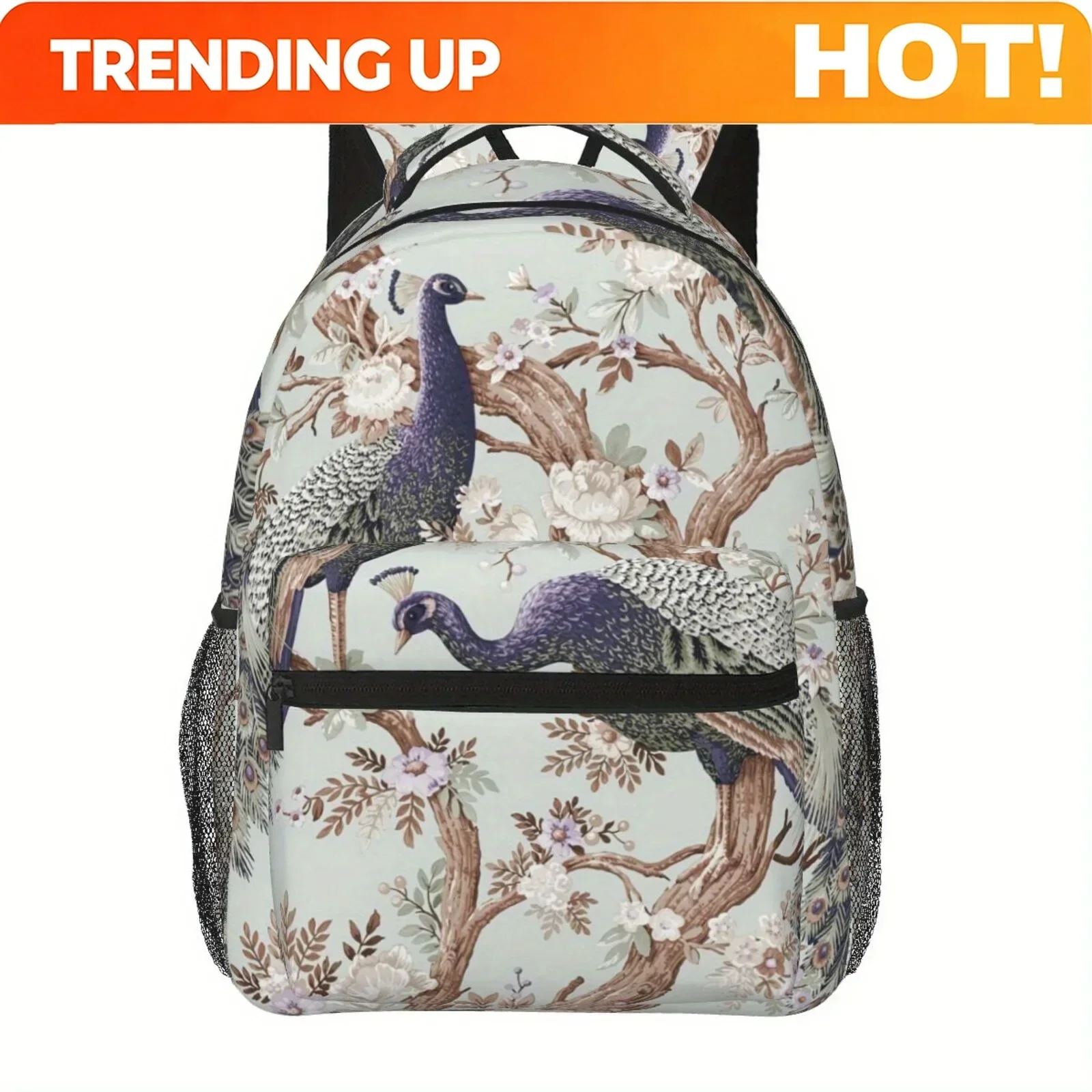 Custom Bag 1pc Peacock Floral Print Backpack, Casual Polyester, Large Capacity, Lightweight, Durable, Zippered Laptop Bag For Sc