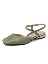 Microfiber Closed Square Toe Women Sandals National Style Petite Foot Shoes Green Apricot T-Strap