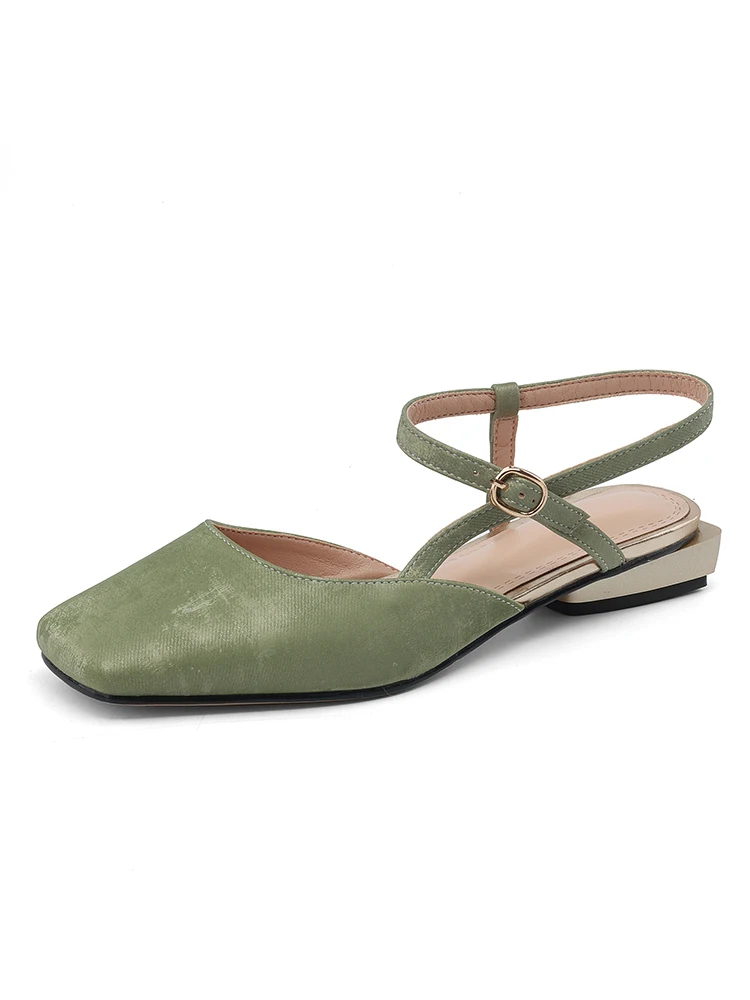 Microfiber Closed Square Toe Women Sandals National Style Petite Foot Shoes Green Apricot T-Strap