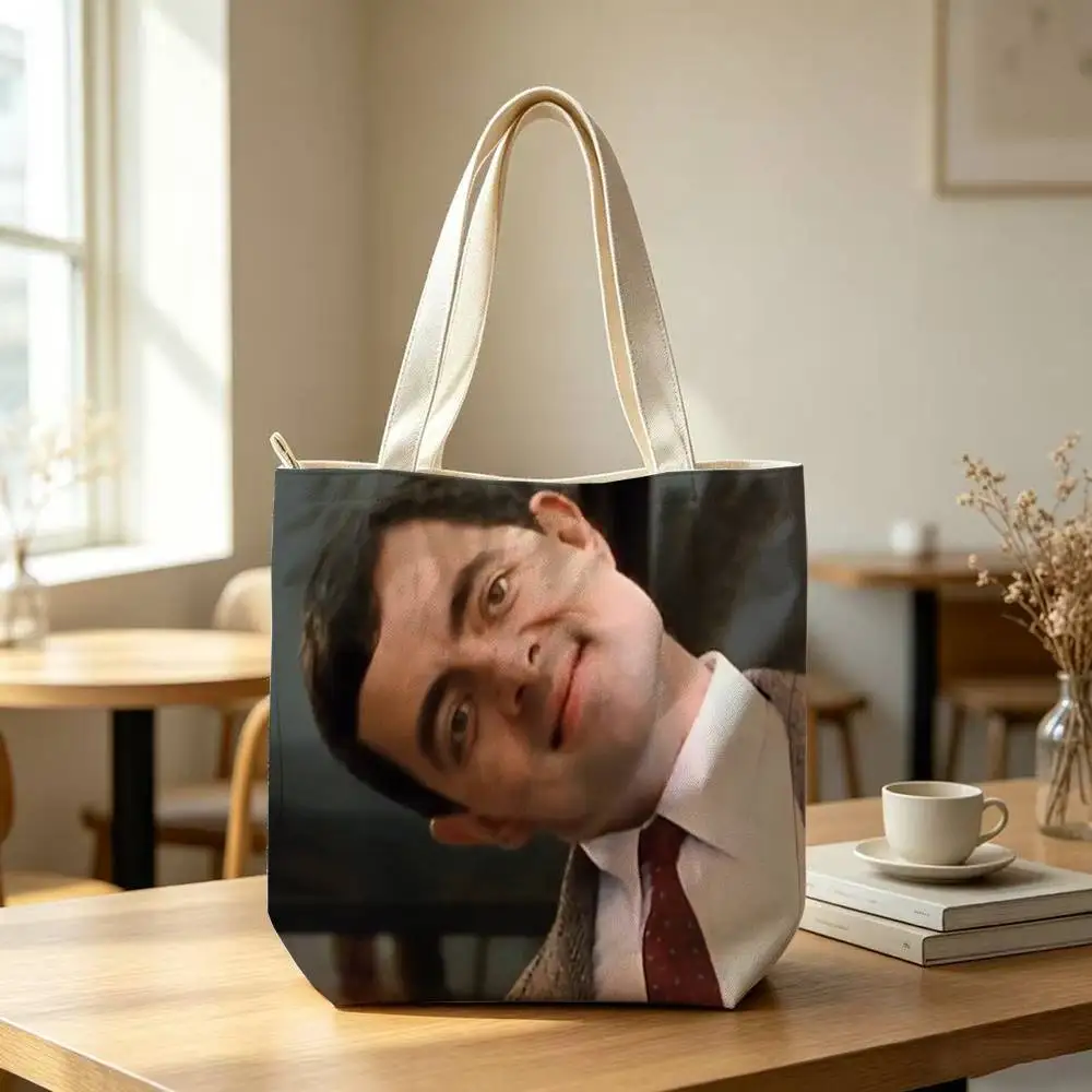 C-Classic M-Mr B-Bean Tote Bag for Women Reusable Shopping Tote Bag Zippered Shoulder Bags Print