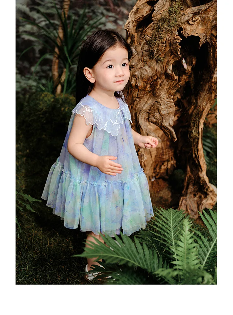 Vestido da menina do bebê 2024 verão novas meninas rendas lapela sem mangas saia completa impressão camada de malha princesa moda vestidos bonitos