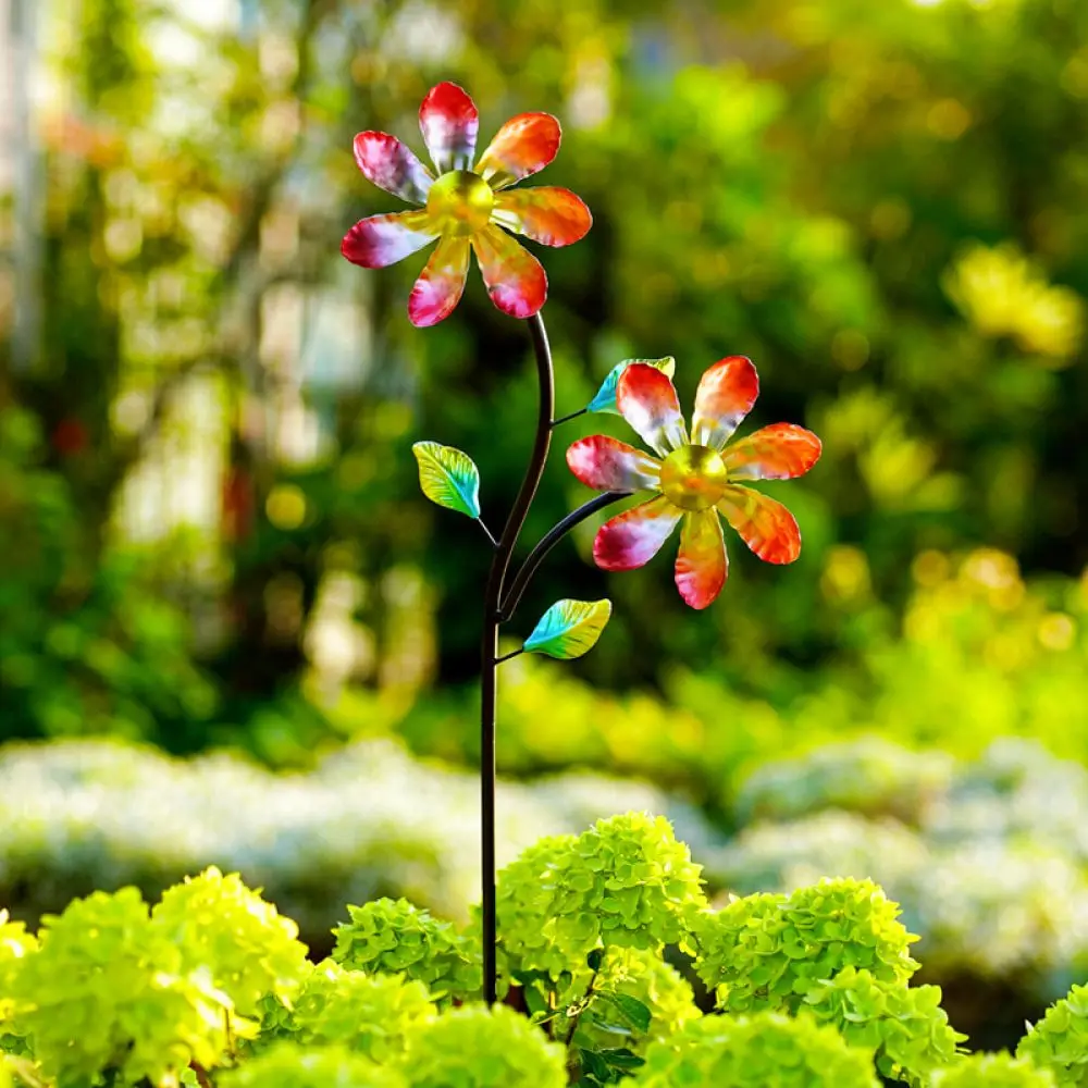 Iron Art Wind Spinner Garden Decoration Outdoor Patio Yard Lawn Flower Shape Rotating Stake Kinetic Sculptures Art