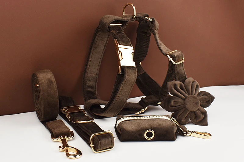Dunkelbraunes Samt-Hundehalsband und Leinen-Set für Hunde, individuell graviertes Namensschild, Heimtierbedarf, Hundeleine, Samt11 – Detail 2