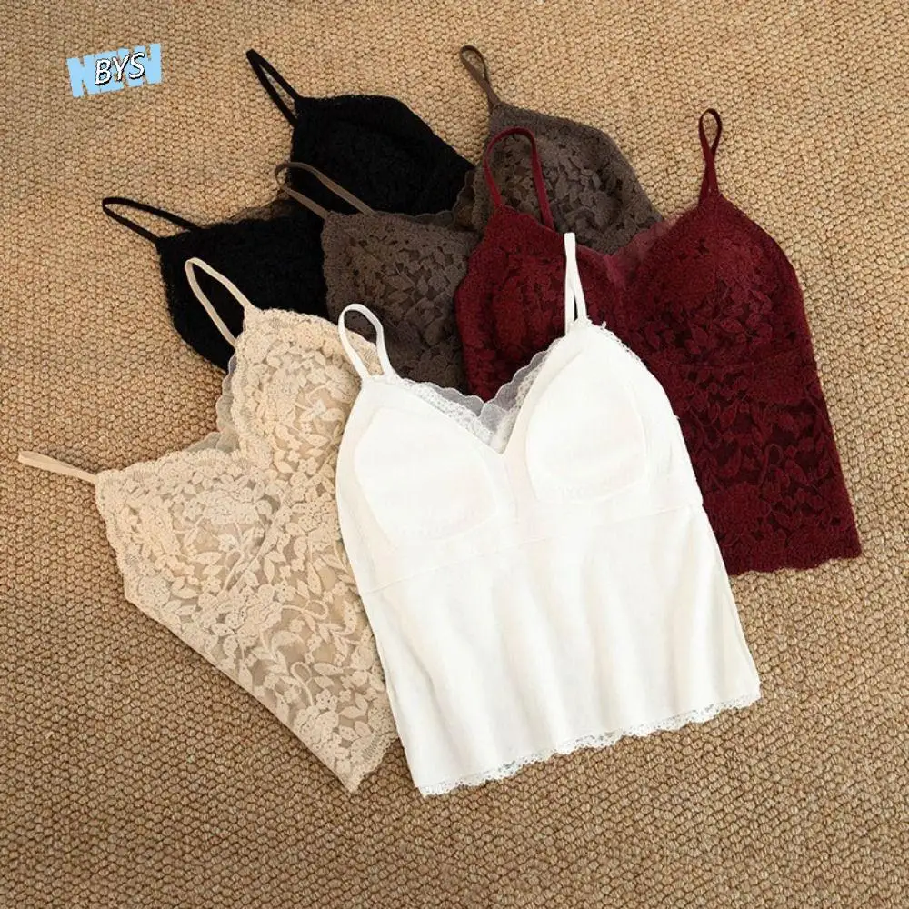 

Chic Mesh Flower Slim Lace Crop Top Bottoming Shirt Sweet Girl's Vest Top Summer Spicy Girls Style Camisole with Pads Lady