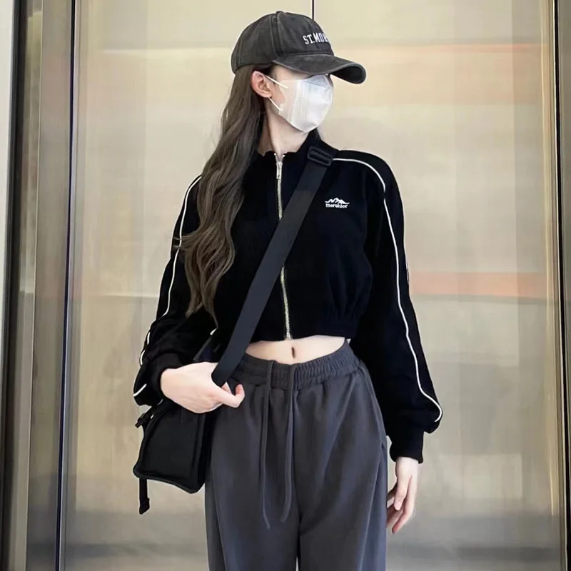 2023 New Grunge Zip Up Hoodie Streetwear Women Korean Fashion Casual Slim Sweatshirts Striped Black Long Sleeve Cropped Hoodie