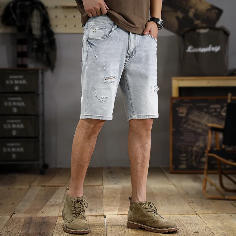 Summer Washed Wear-White Ripped Denim Shorts Men's Versatile Slim Straight American Fashion Brand High-End Casual Cropped Pants