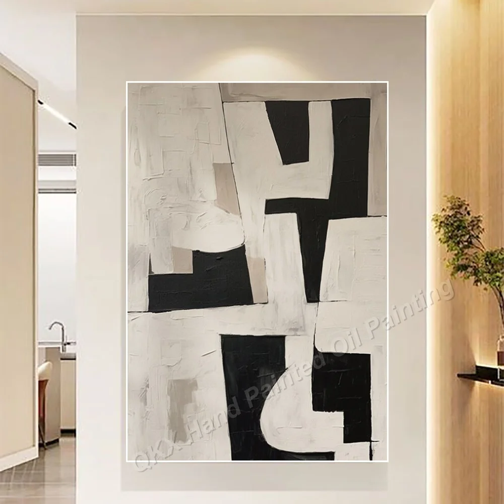 Hand-Painted Wabi-Sabi Black White Impasto Geometric Abstract Oil Painting on Canvas - Vertical Wall Art Decor for Living Room