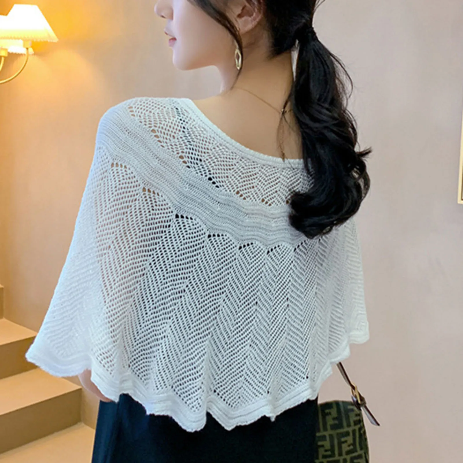 Womens Loose Crochet Tops Hollow Lace Out Cotton Shrug Poncho Shawl Wrap Crewneck Summer Beach Cover Up Shoulders Warm Shawl