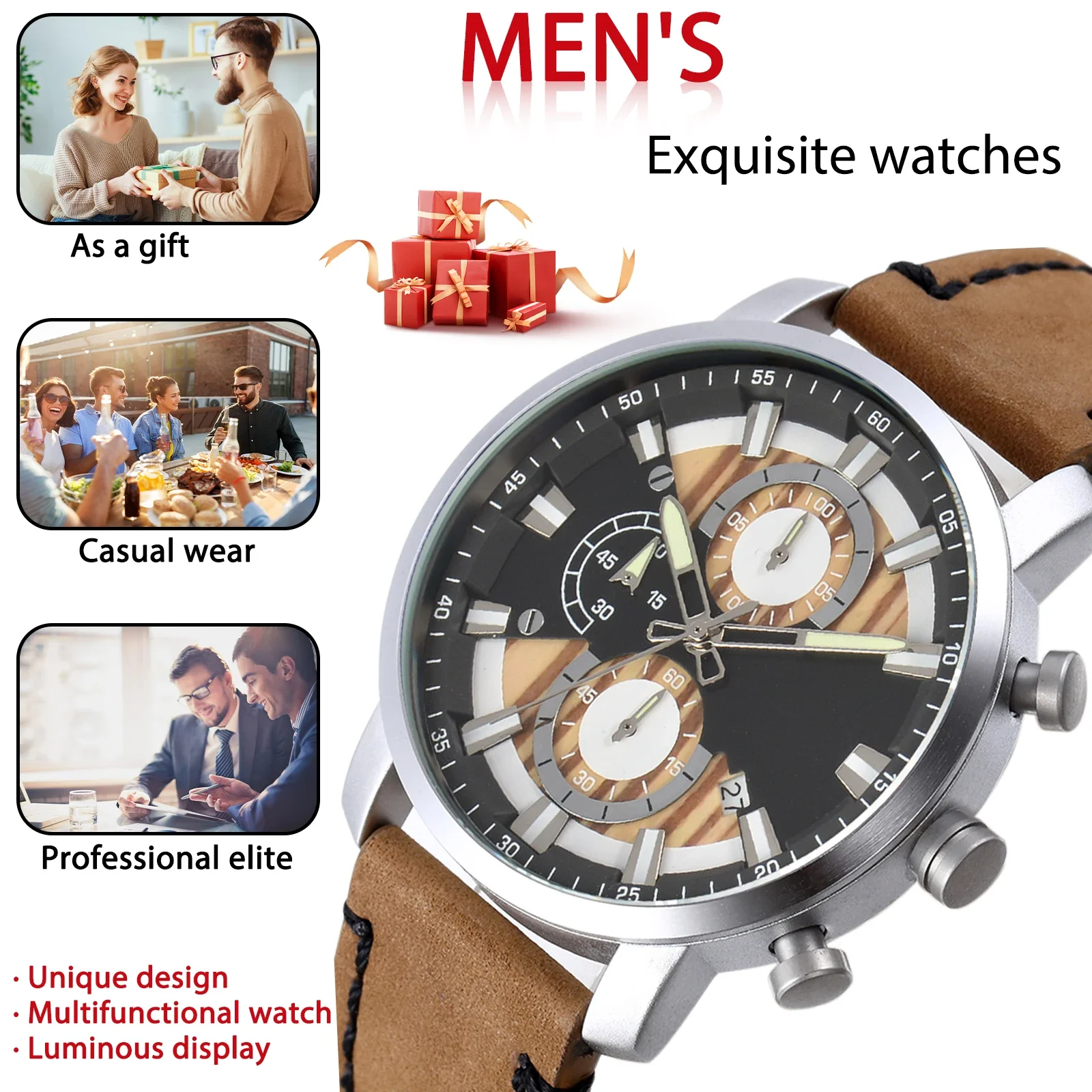 KityKiss New Wooden Men's Multi Functional Quartz Watch Fashion Luxury Business Watch Exquisite Wedding Birthday Gift Box