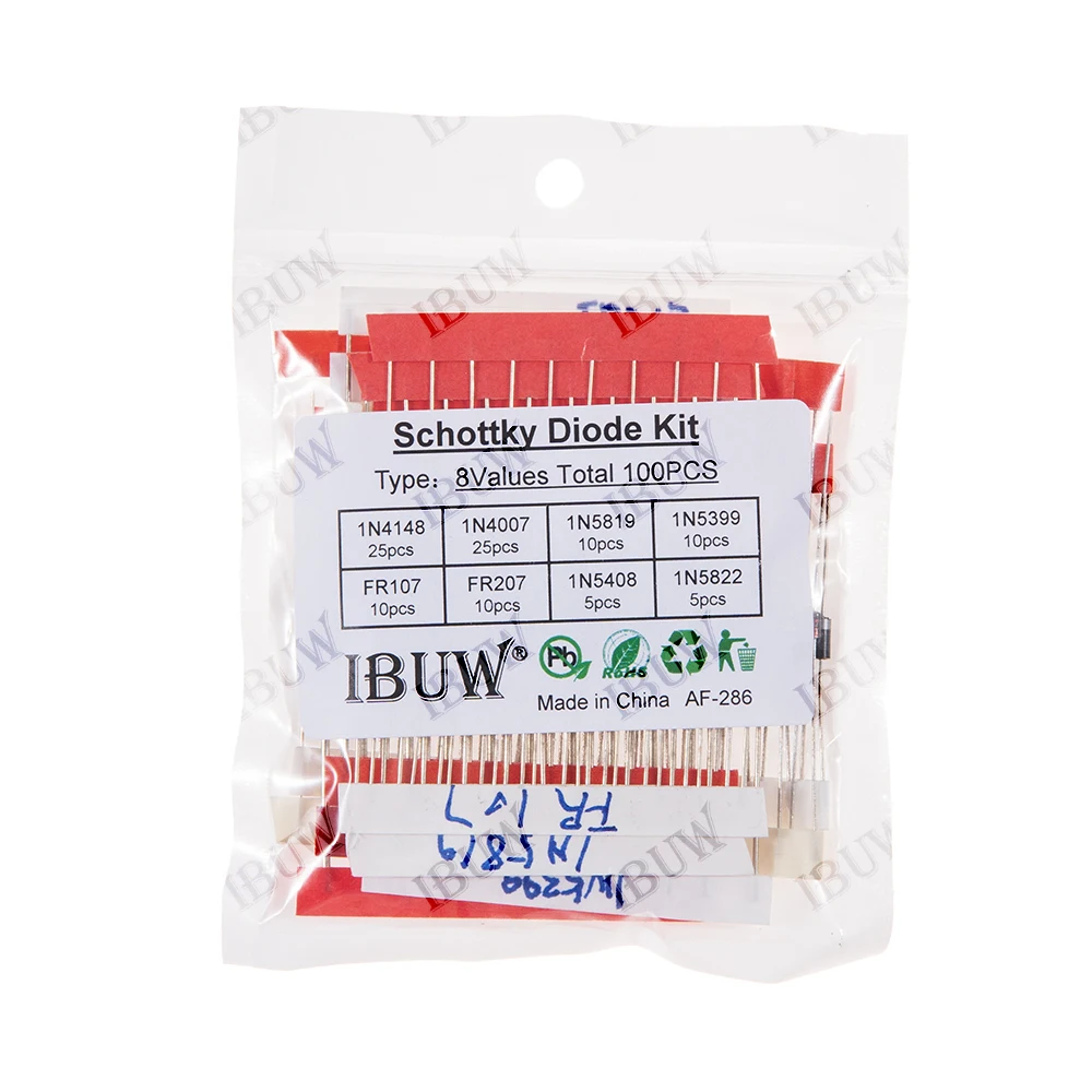 100PCS 8Values Schottky Diode Kit 1N4148 1N4007 1N5819 1N5399 FR107 FR207 for Electronic kit  Rectification 1N5408 1N5822