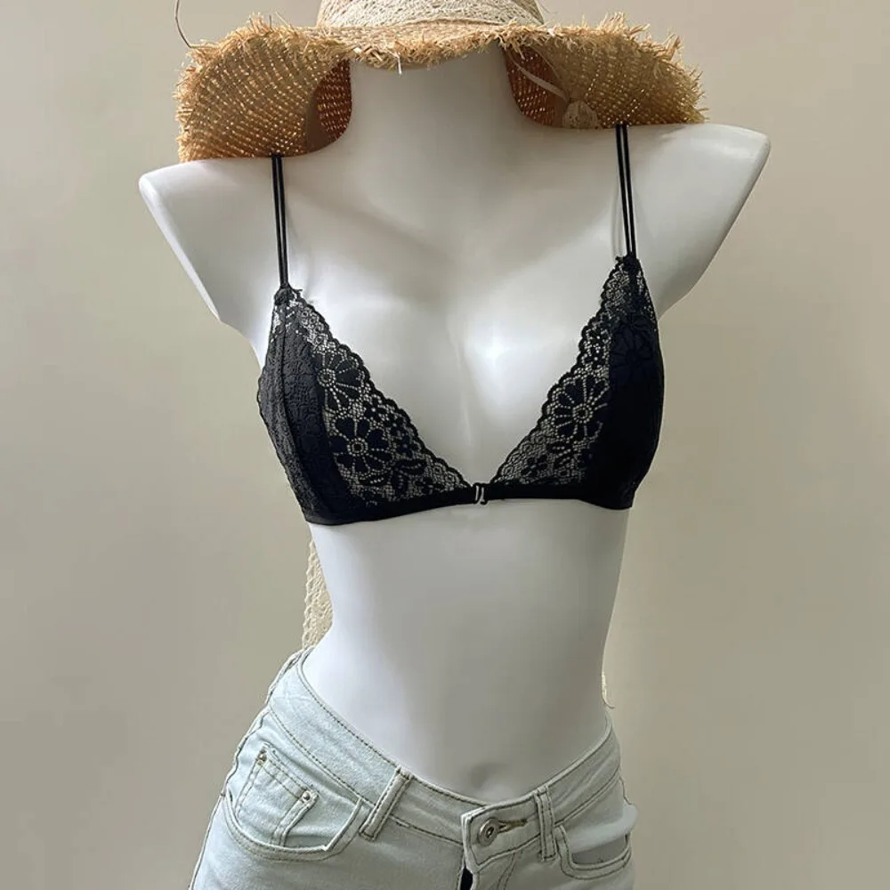 French Style Wireless Ultra Thin Backless Bra Front Closure Small Bust Triangle Lace Slim Straps Women Lightweight Elegant 32-38