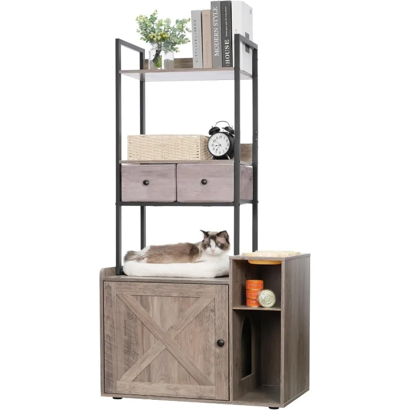 Cat Litter Box Enclosure with 2 Storage Shelves and 2 Drawers, Large Hidden Cat Litter Box Furniture with Upholstered