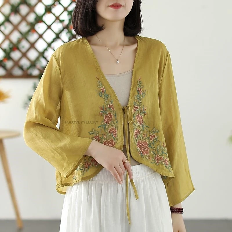 National Style Cotton And Linen Embroidered Cardigan women's Retro Embroidered Small Shirt  Clothing Women Daily Tangsuits Top