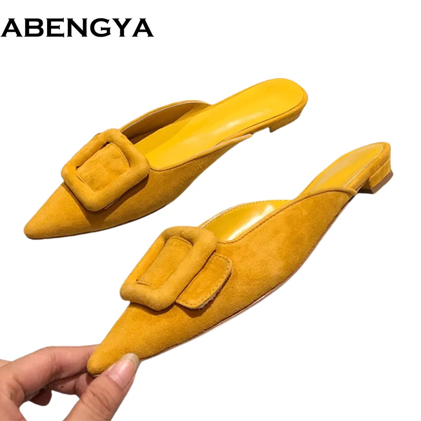 

Замшевые кожаные тапочки с квадратной пряжкой, женские шлепанцы без шнуровки, шлепанцы на низком каблуке, праздничная пляжная обувь для женщин, летние сандалии Mujer