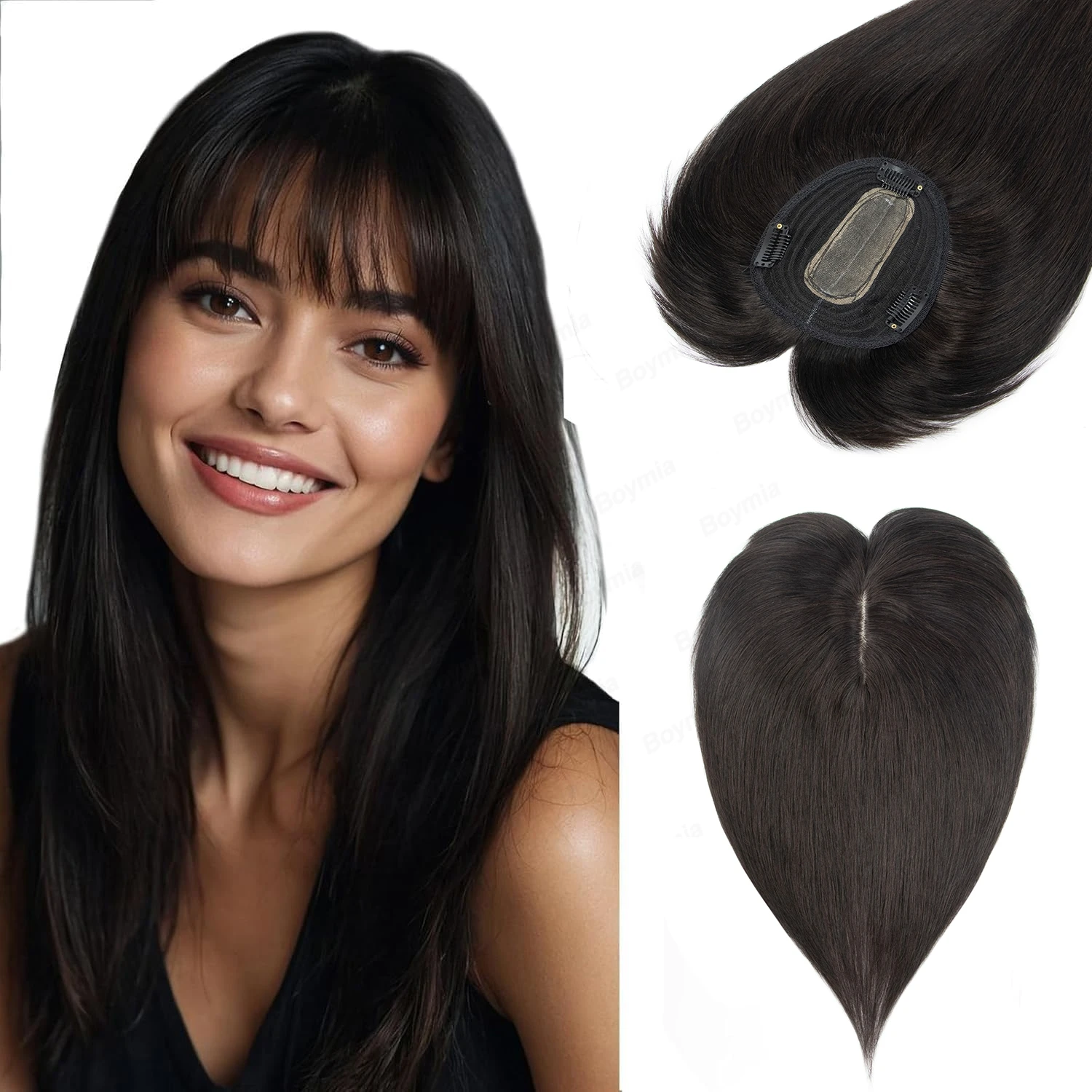 

Накладка для волос из натуральных волос с прядями и челкой на заколках 360° ° 3D-накладки из натуральных волос, легкие, 12*13 см, для женщин с высокой линией ростка волос