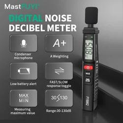 MASTFUYI 노이즈 계량기 사운드 레벨 계량기 A, 가중 30dB ~ 130dB, 빠른 응답 오디오 노이즈 계량기, 최대 디스플레이 데시벨 카운터