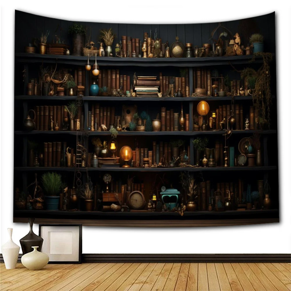 Study Room Bookshelf Tapestry with Graphic Print, Modern Style Polyester Square Decorative Wall Hanging, Suitable for Room