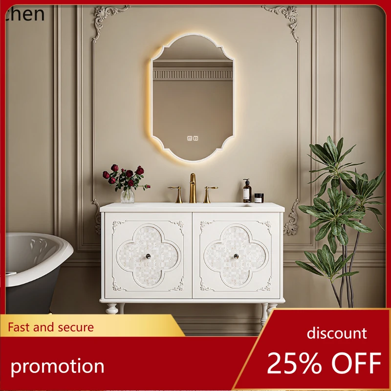 

HXL Retro Floor-standing Bathroom Cabinet Set Washstand Bathroom Rock Slab Heat-bent Integrated Bathroom Cabinet