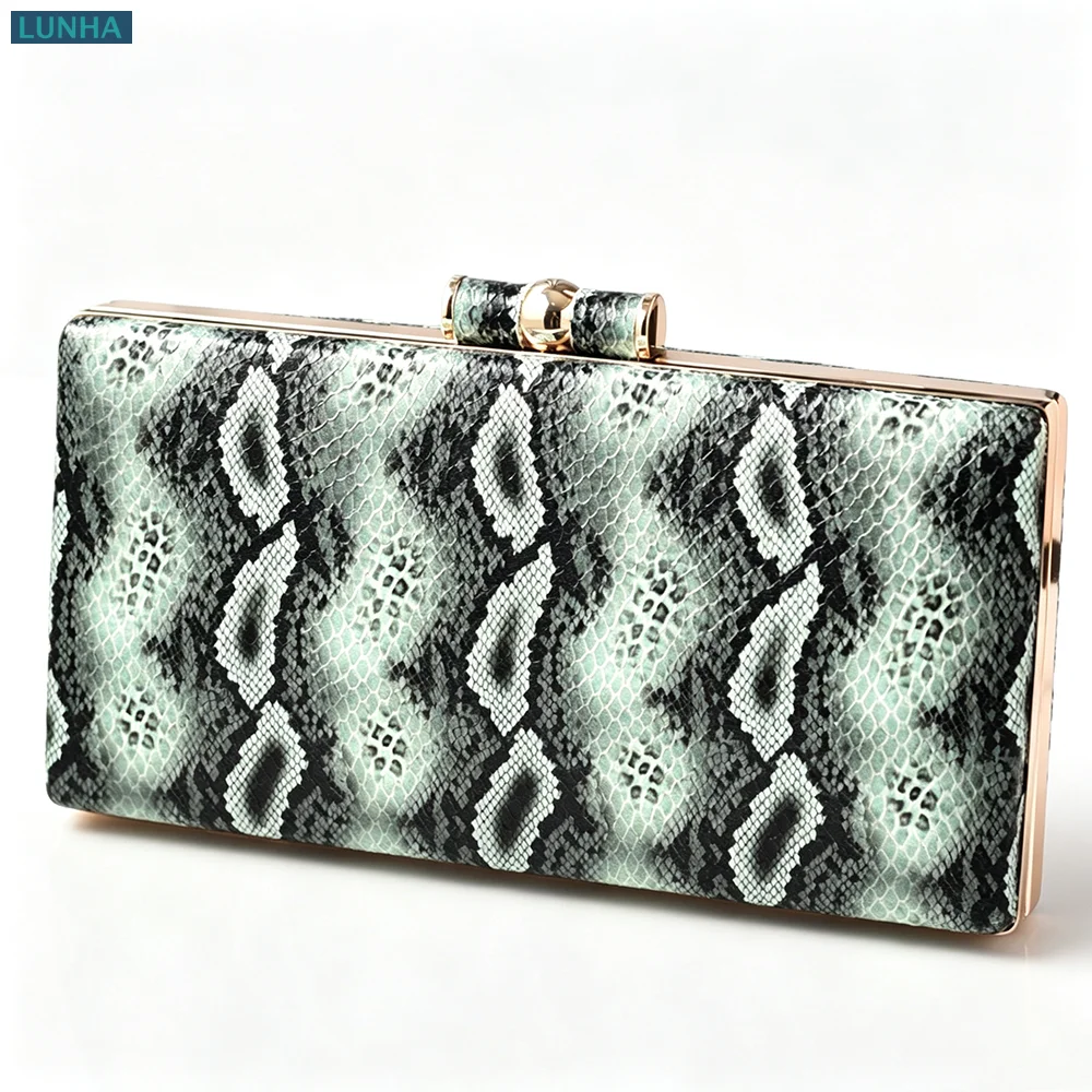 Women's PU Leather Clutch Snakeskin Pattern Hard Case Rectangular Evening Purse with Detachable Chain Formal Crossbody Bag