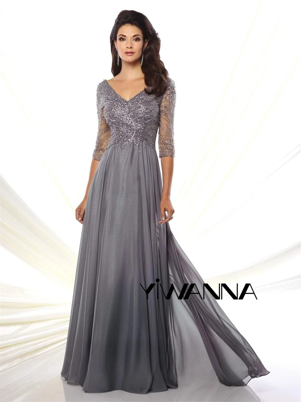 

Chiffon Three-quarter Sleeve Sequined Wedding Party Dress A-line V Neck Wedding Guest Dresses For Women Custom Made