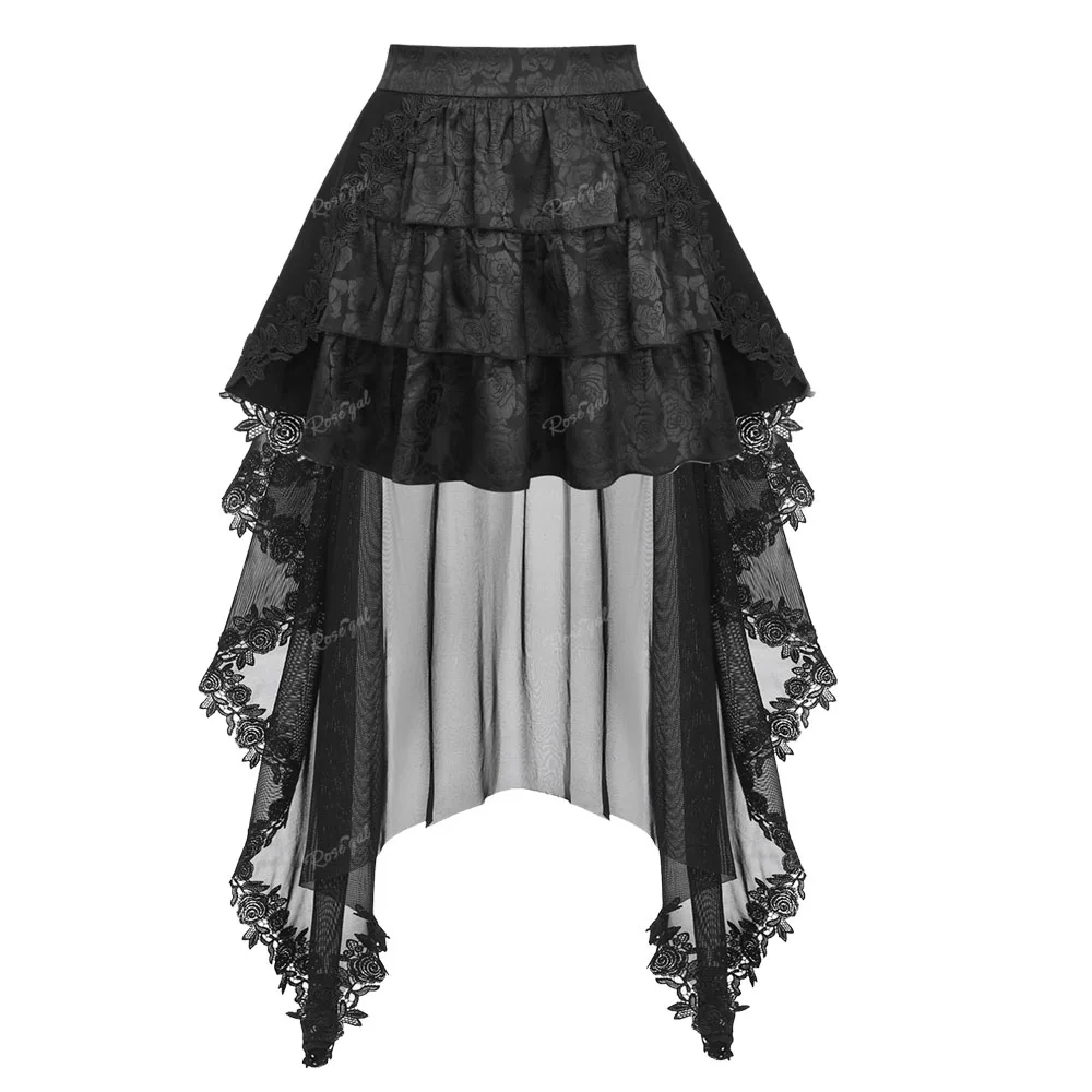 ROSEGAL Gothic Women's Skirts Black Punk Floral Applique Mesh Lace Overlay Jacquard Layered Ruffles Asymmetric Skirt Costumes