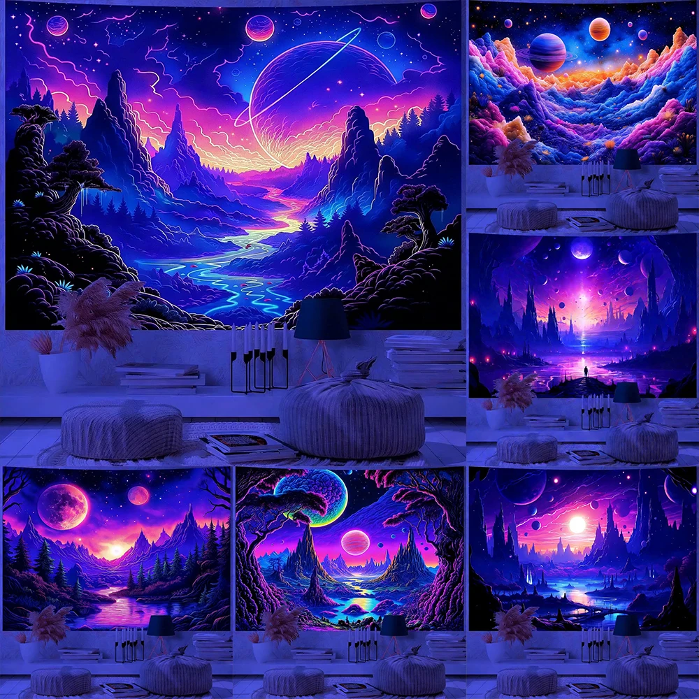 Neon Glow Tapestry with Space Scenes UV reaction tapestry background decoration wall hanging bedroom party decoration