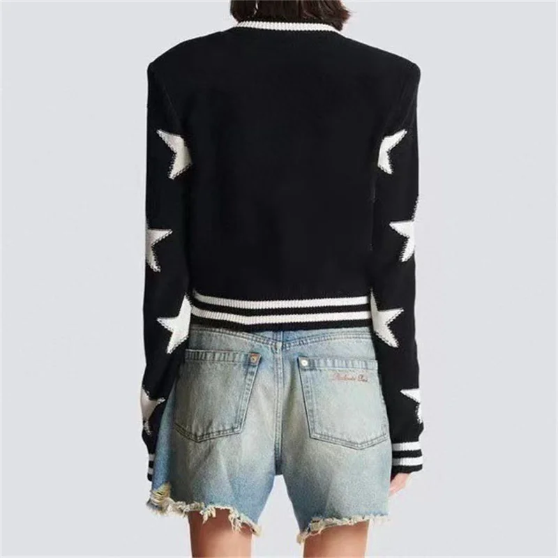 sweater women 2024 Spring Five pointed Star Printed Cardigan for Women Elastic knitted shoulder pad long sleeved top knitwears