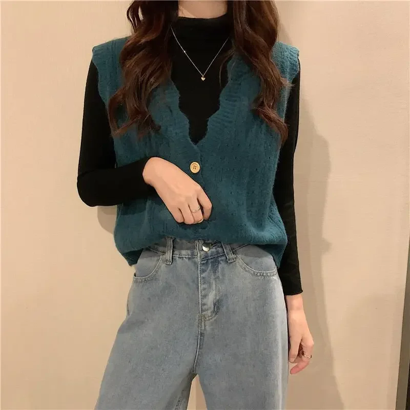 

Muti-Color Hollow Out Sleeveless Sweater Vest Woman Soft Slim Fit Knitted Cardigan Tank Y2K Fashion Button V-Neck Knitwear Tops