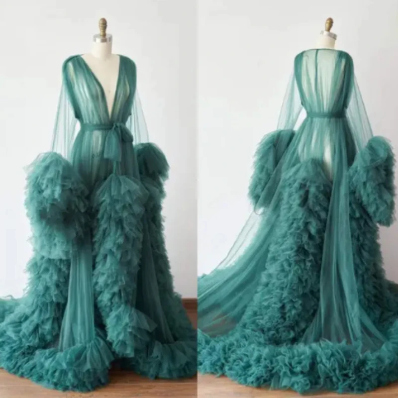 

Sexy Chic Bridal Fluffy Tulle Robes Custom Made Maternity Tulle Dressing Gown For Photo Shoot Women Long Sheer Tulle Dress