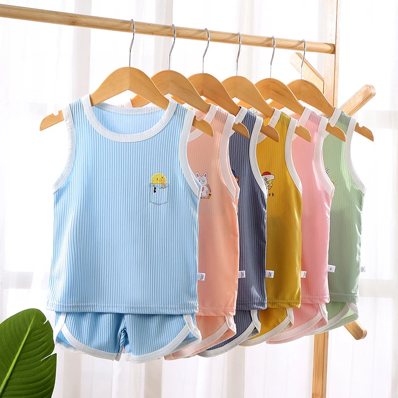 2Pcs Baby Summer Clothes Soild Color Cotton Tank Top Short Sets Girl Boy Casual Cartoon Outfits Child Sleeveless Tees Clothing