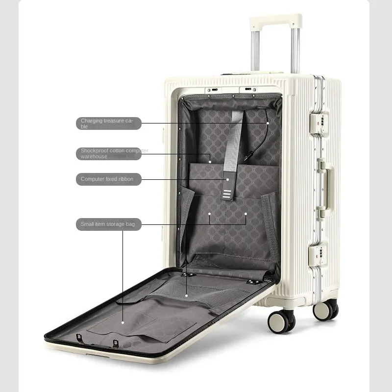 Imagem -05 - Frente Aberta Alumínio Quadro Trolley Mala Bagagem Embarque Case Grande Capacidade Carregamento Usb Cup Holder Tronco 20 24