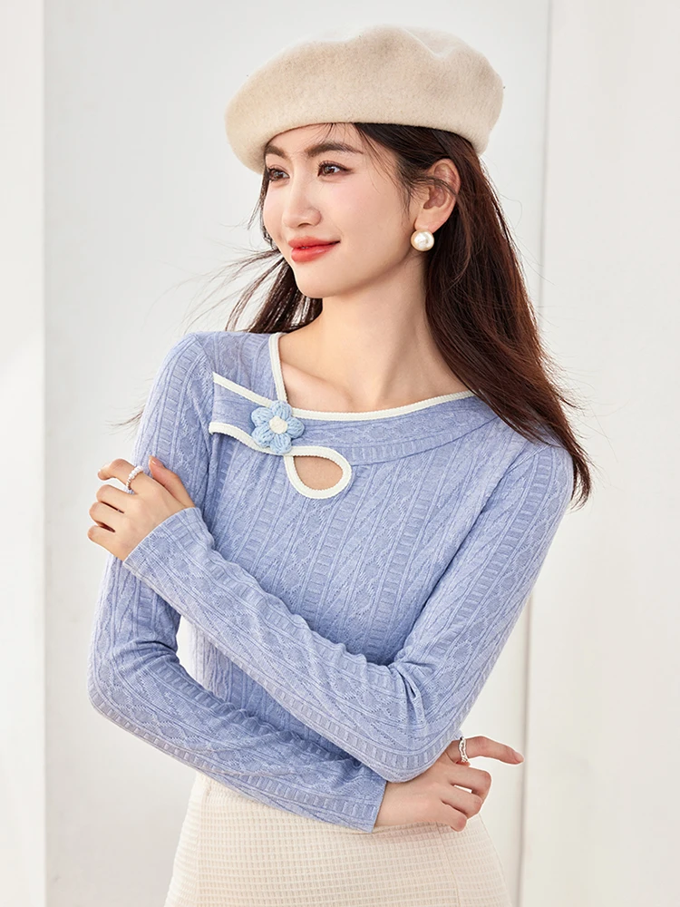 Design Sense Niche Knitted Tops Women Sweet Elegant Flowers Pullover Tops Autumn New Fashion Slim Fit Sweater