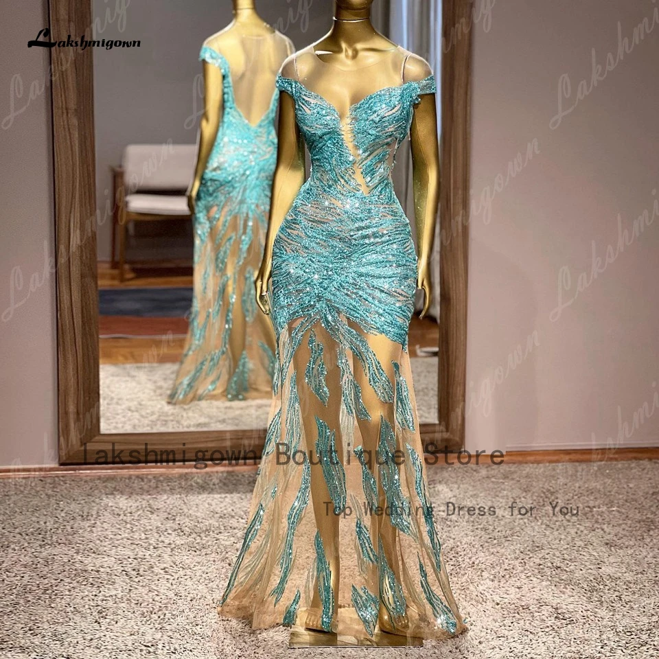 Luxury Sky Blue Mermaid Evening Gowns 2023 Robes Sexy Birthday Dress For Women See Through Dinner Party Prom Dresses Cap Sleeves