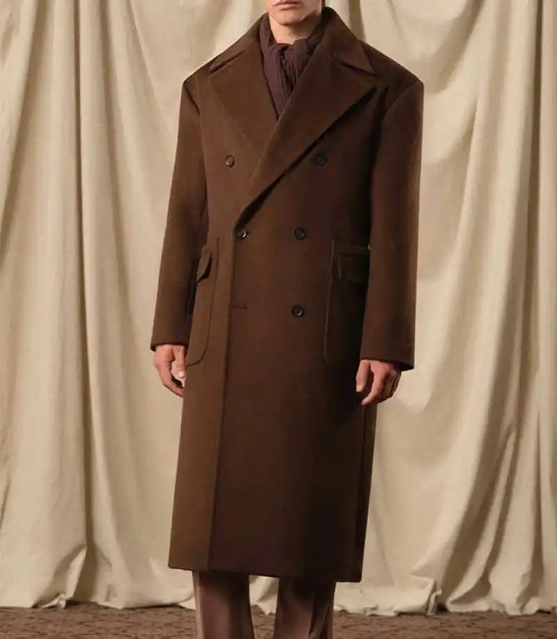 Vintage Men Long Coat Double Breasted Peaked Lapel Wedding Tuxedos Autumn Winter Thick Customized One Piece