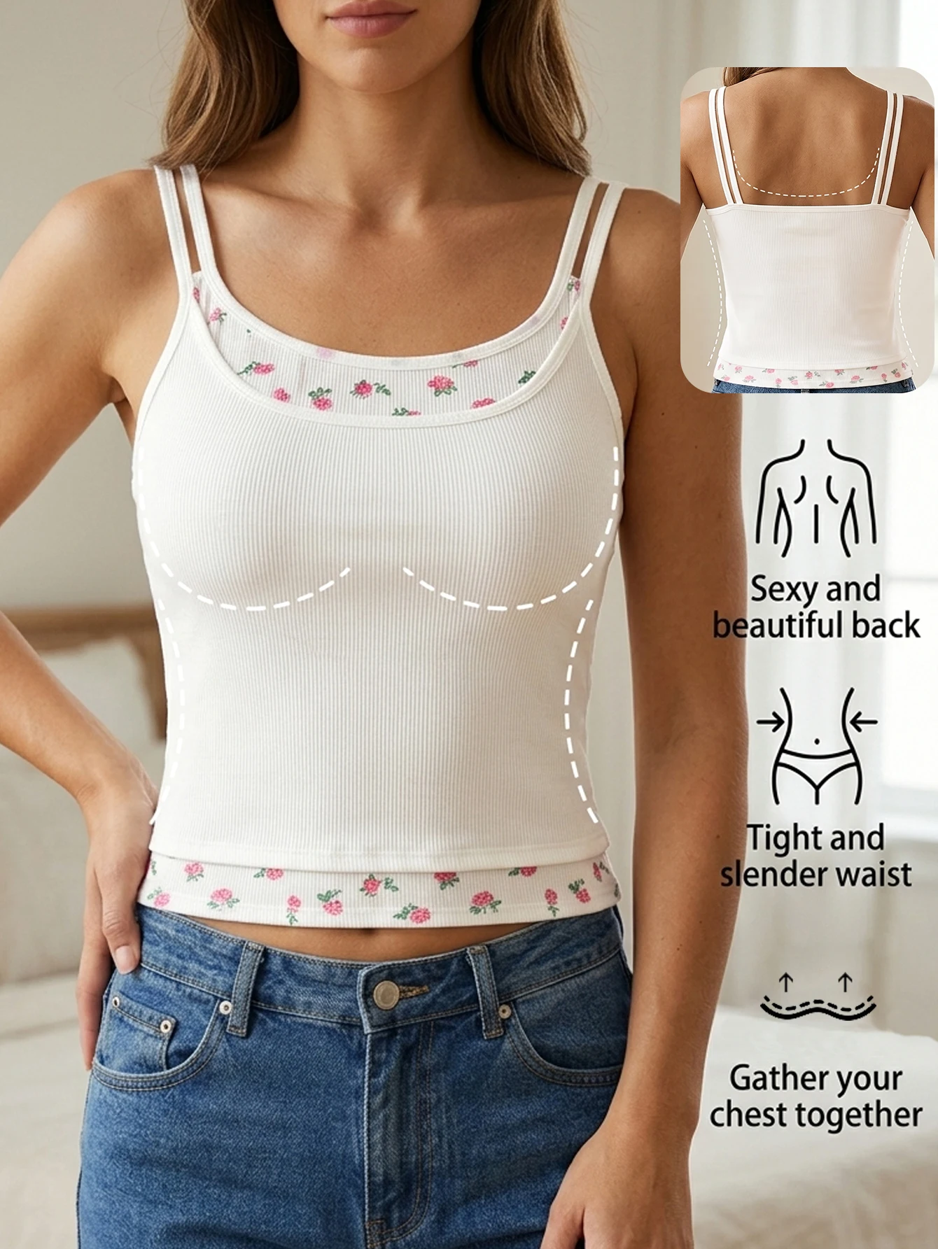 Top de tirantes acanalado para mujer con ribete floral, sujetador incorporado, sin mangas, efecto dos piezas, ajuste ceñido, ropa interior informal para mujer
